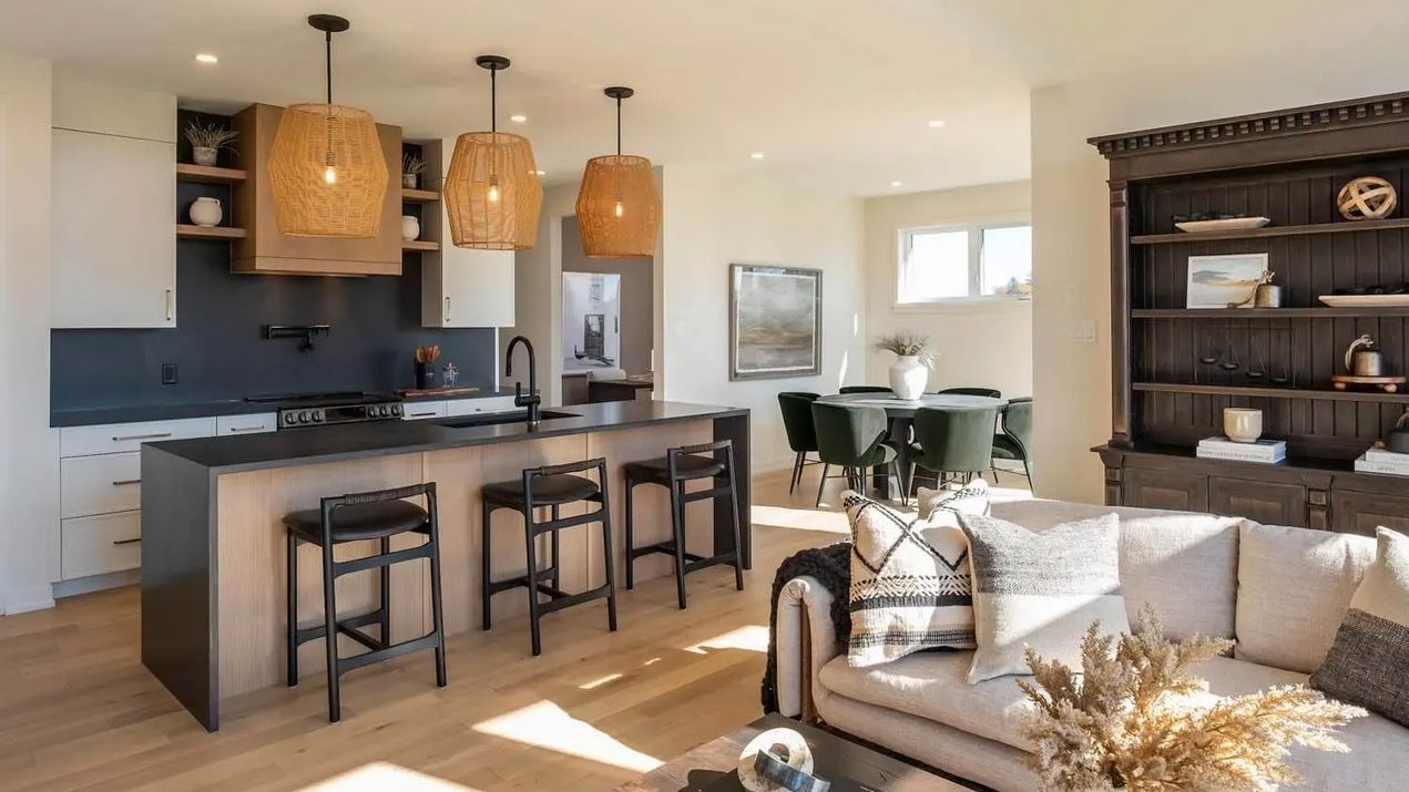 morris village model homes cardel byron open concept kitchen dining room pendant lights