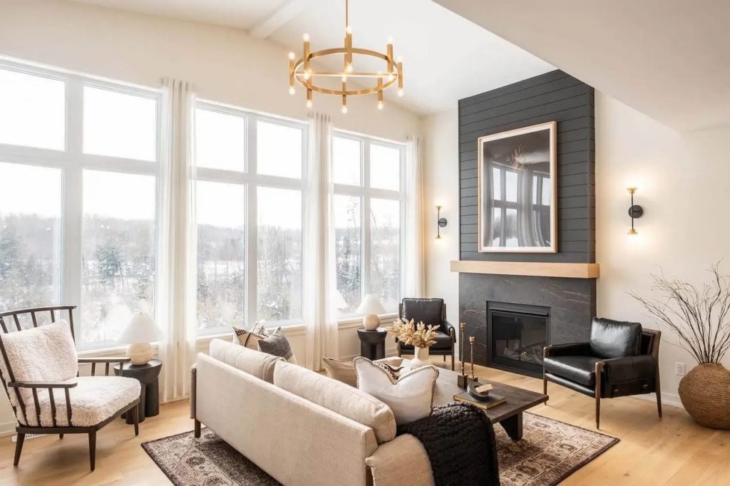 morris village model homes cardel byron living room fireplace window wall