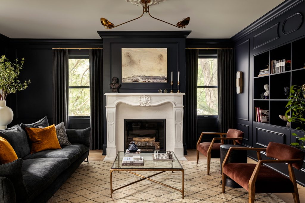 casa verde o’keefe Fiorenza ottawa renovation heritage home remodel award-winning living room moody black walls fireplace traditional