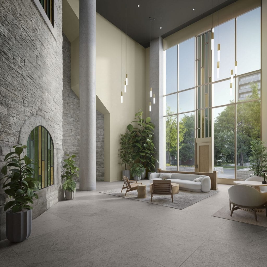 the evergreen lobby limestone wall ottawa condo windmill development sandy hill