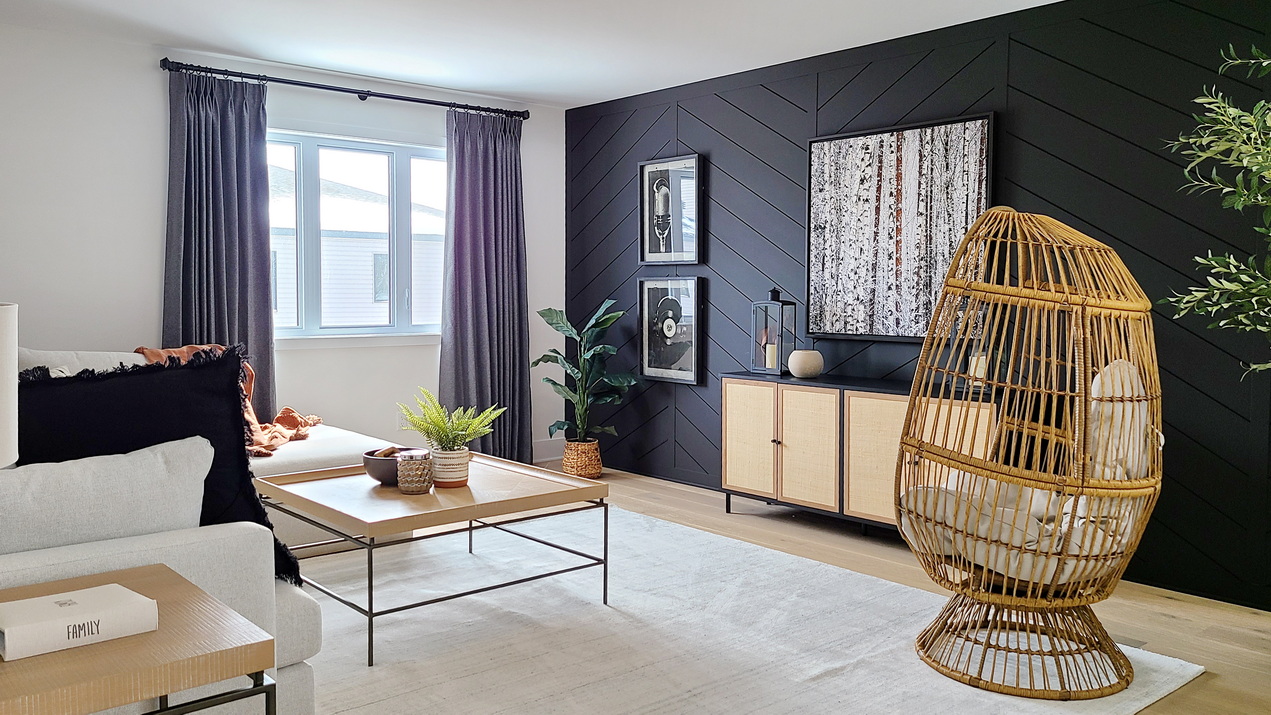 Idylea model homes tartan homes ottawa single-family Coventry loft black feature wall family room
