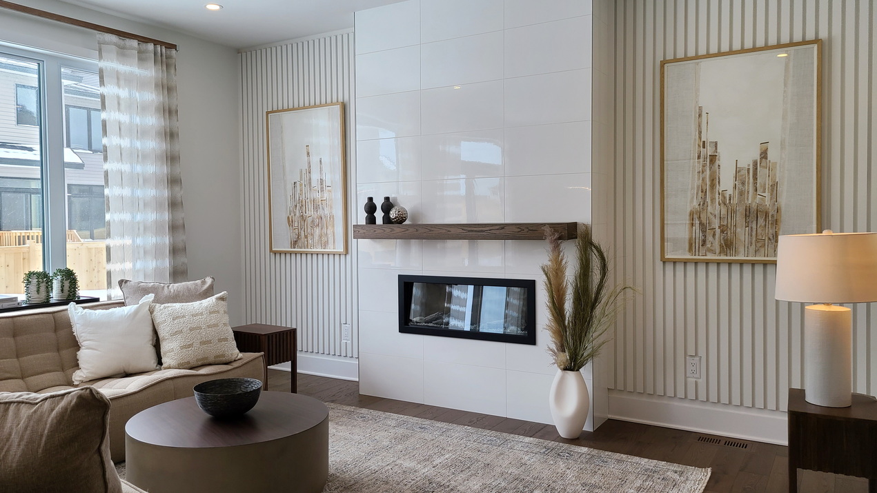 idylea model homes tartan homes ottawa Sirius single-family living room vertical wall slats board and batten fireplace texture