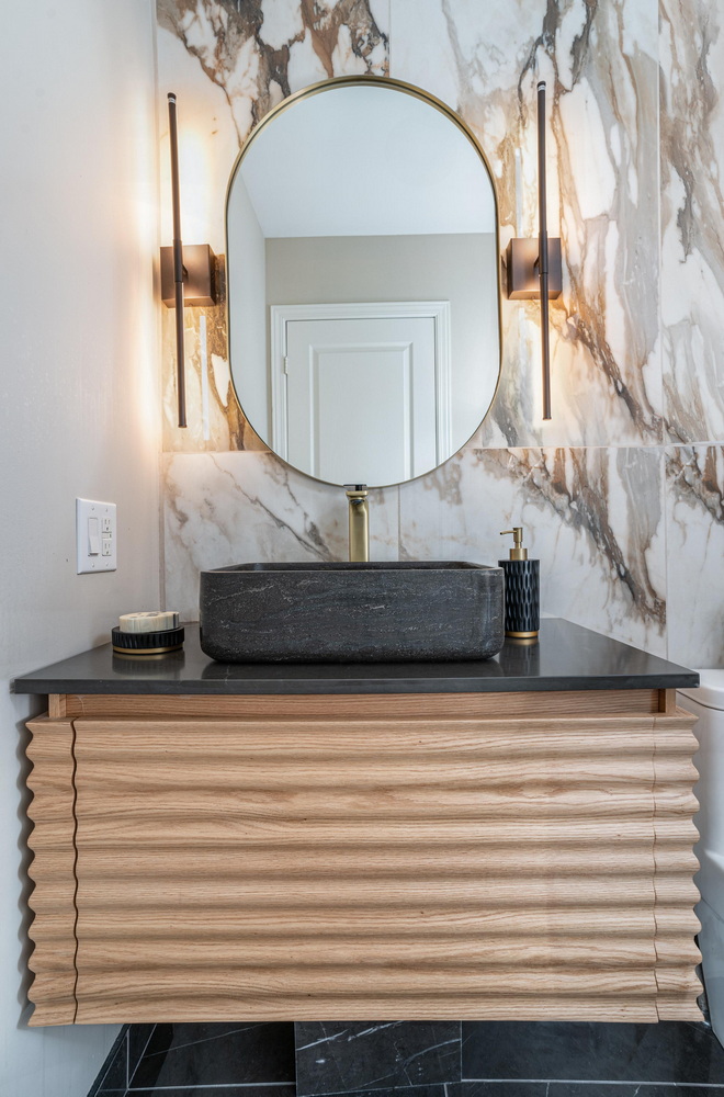 2023 NKBA awards powder room tambour style vanity