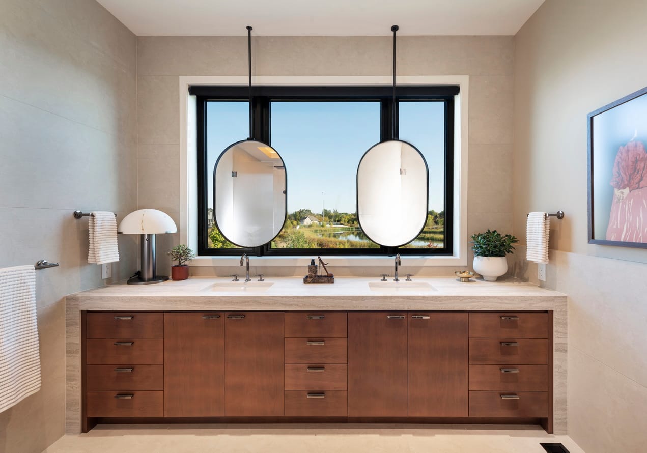 the sterling laurysen kitchens ottawa custom cabinetry ensuite vanity hanging mirrors in front of window