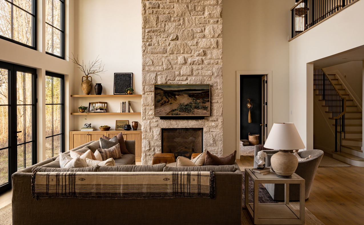 living room fireplace stone award-winning custom home west of main art & stone group